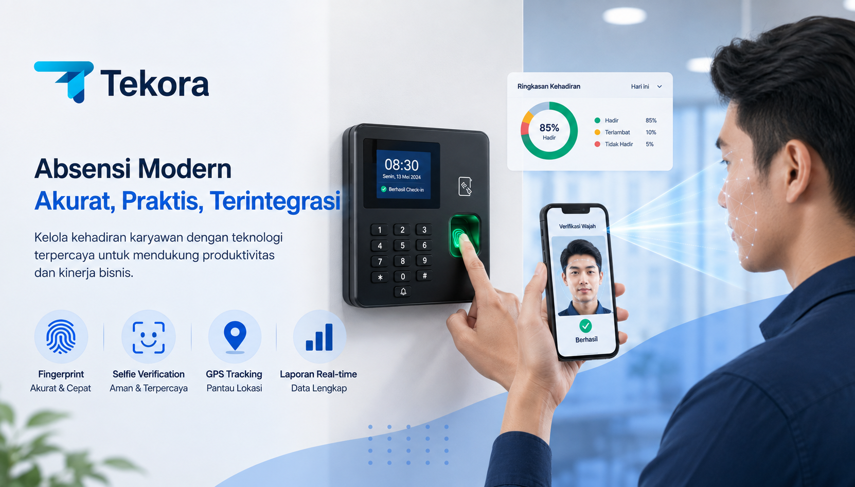 Karyawan menggunakan aplikasi absensi dengan verifikasi fingerprint dan selfie